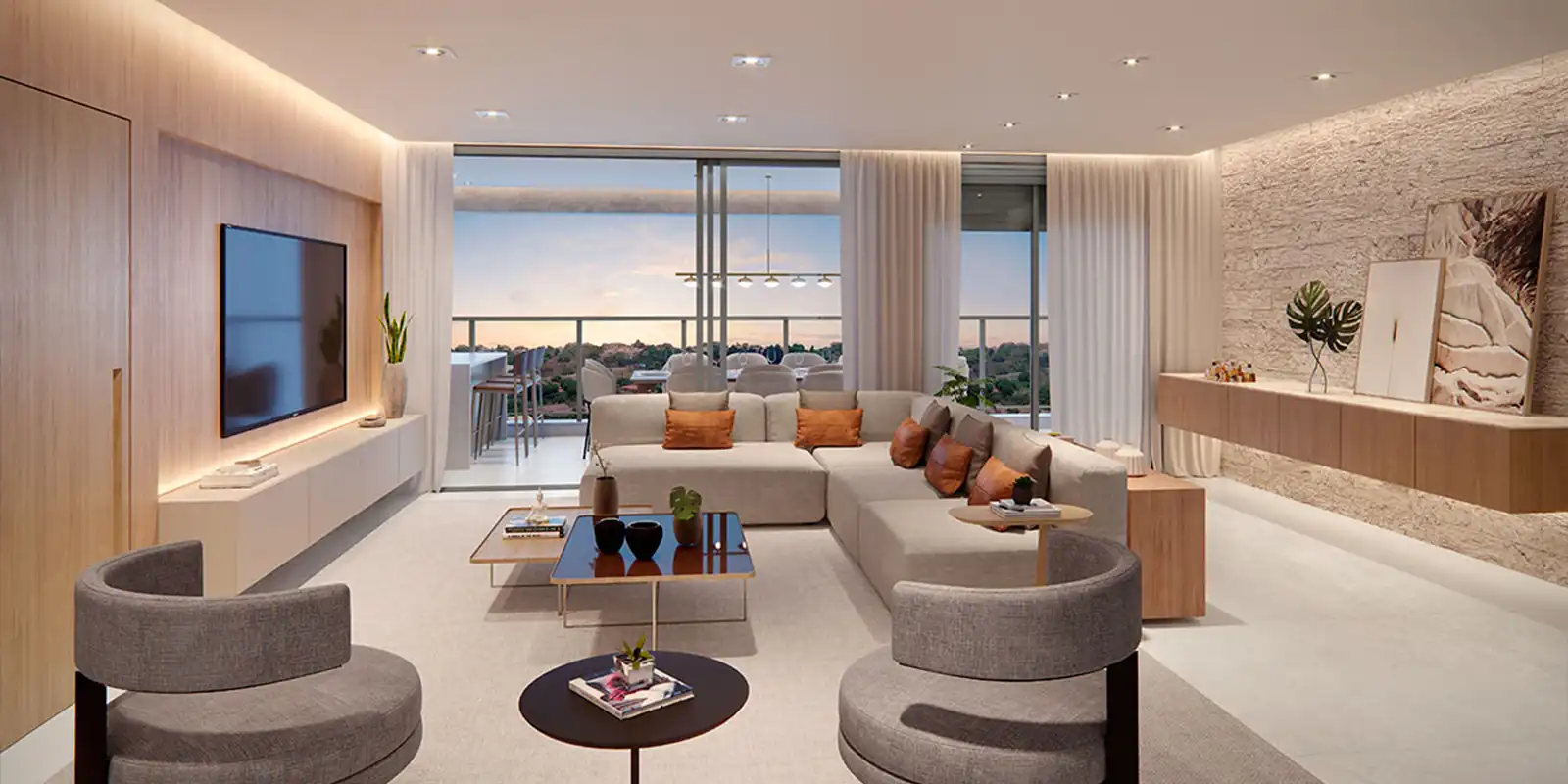 Living amplo do apartamento decorado de 167m²